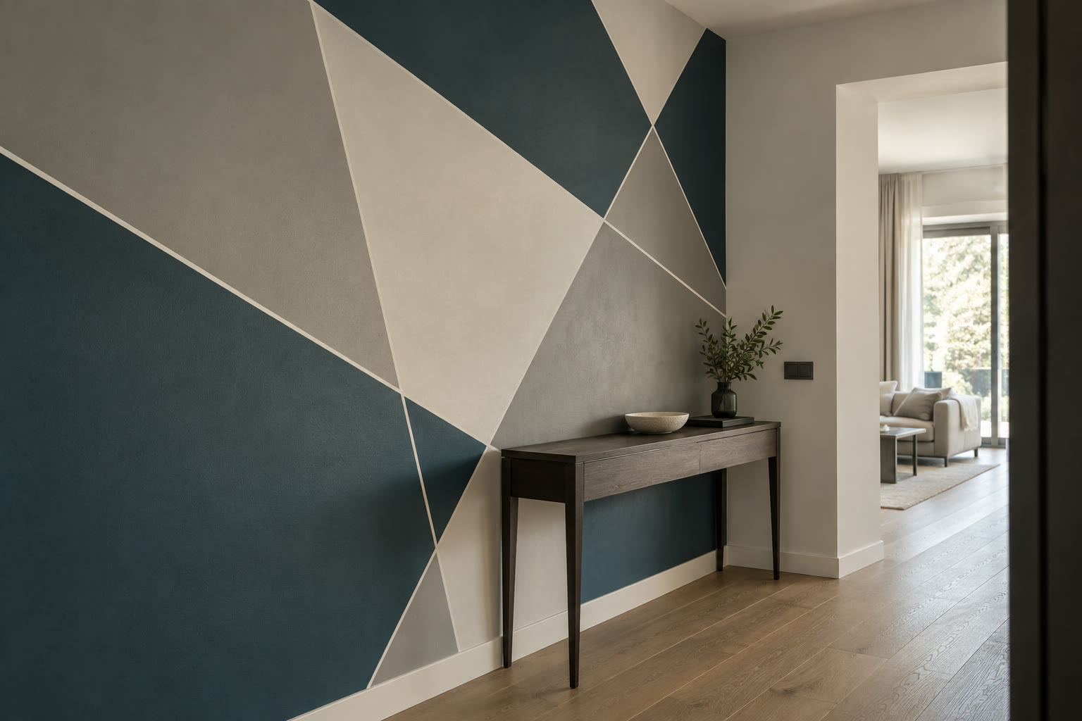 Geometrie petrolio, grigio e avorio sulla parete di un ingresso