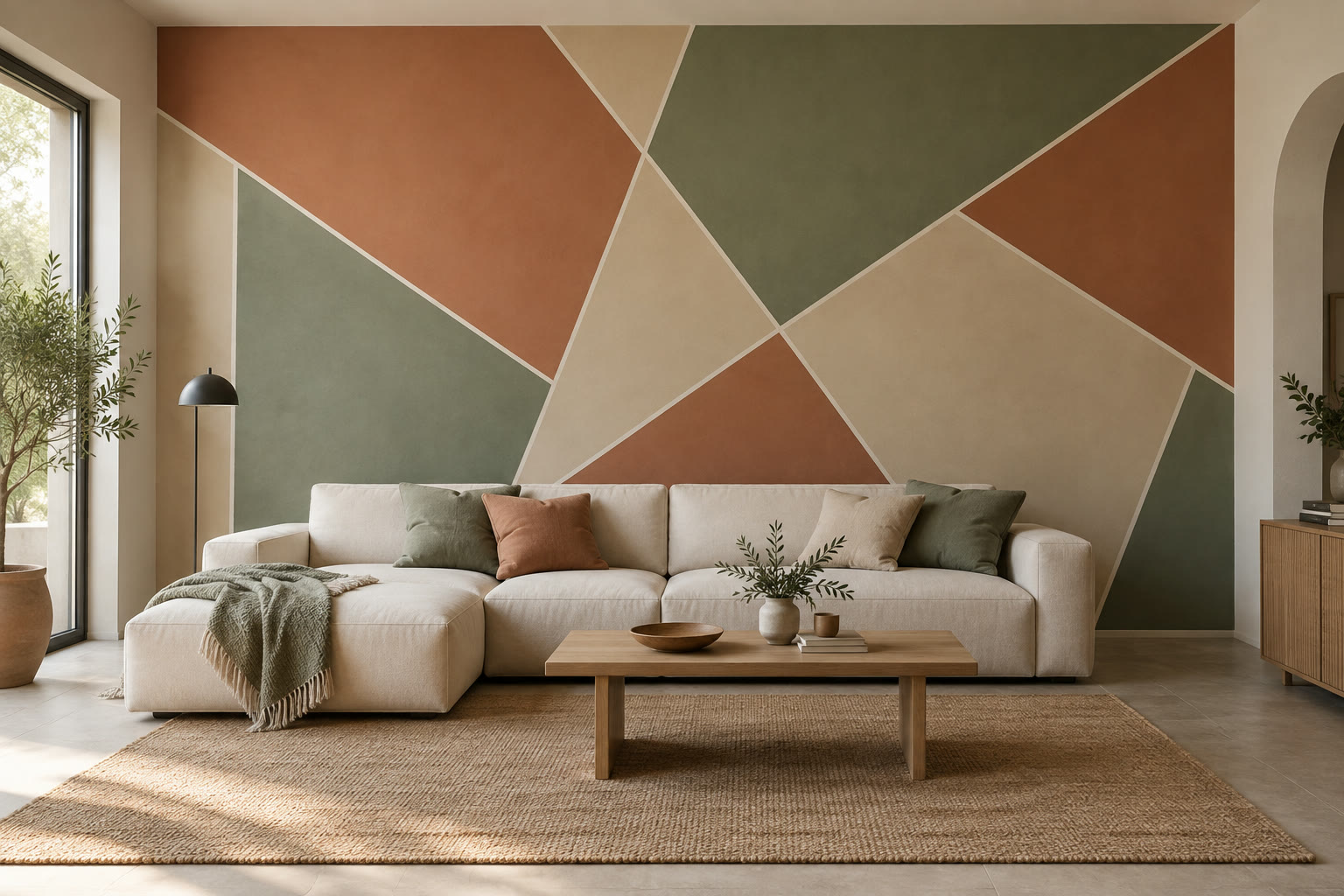 Parete geometrica salvia, terracotta e sabbia dietro un divano in lino