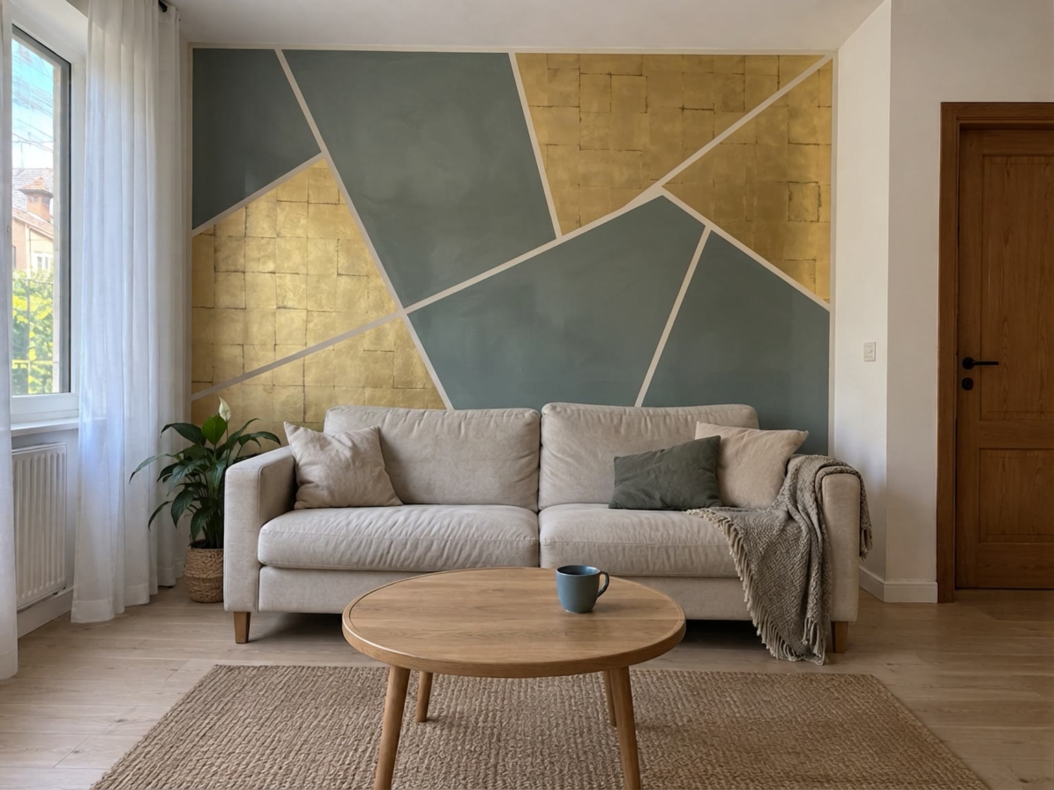 Forme geometriche in stucco salvia e foglia oro, con linee avorio sulla parete dietro il divano