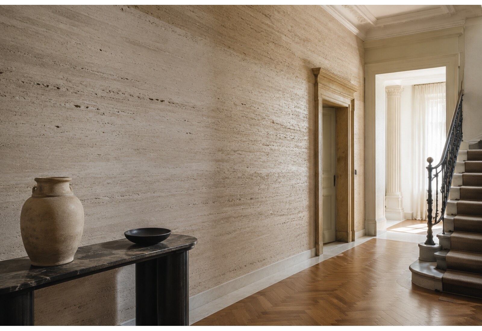 Travertino applicato su una parete intera